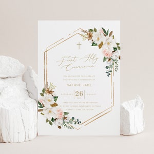 Floral First Holy Communion Invitation INSTANT DOWNLOAD Editable, PDF Printable, 5x7, Australia, Baptism, Christening, Dedication - PBS007