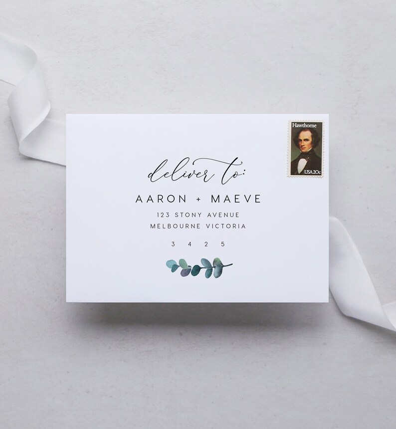 May include: A white envelope with a handwritten address that reads "deliver to: AARON + MAEVE 123 STONY AVENUE MELBOURNE VICTORIA 3 4 2 5". A small green floral design is below the address. A postage stamp with a portrait of a man is in the upper right corner.