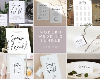 Puede incluir: Un conjunto de plantillas de papelería de boda imprimibles en un estilo moderno. Las plantillas incluyen un cartel de bienvenida, un plano de asientos, números de mesa, tarjetas de lugar y etiquetas de agradecimiento. El texto en las plantillas está en una fuente de escritura a mano simple.