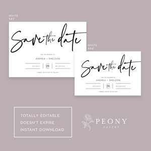 May include: Two save the date cards with a black and white design. The top card is 5x7 inches and the bottom card is 4x6 inches. The cards feature the text "Save the date" in a handwritten font. The cards also include the names Andrea and Sheldon, the date August 26, 2021, and the location Melbourne.