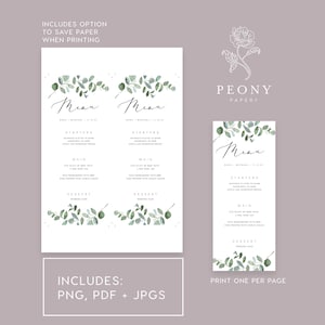 May include: Printable wedding menu template with a eucalyptus design. The menu includes starters, main course, and dessert. The text reads "Menu" with the names "Sara & Michael" and the date "11.10.21". The text "Includes: PNG, PDF + JPGs" is at the bottom of the page. The text "Print one per page" is at the bottom of the page.