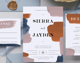 May include: Wedding invitation suite with abstract brushstrokes in shades of brown, pink, and blue. The invitation features the names "Sierra and Jayden" with the date "August 26, 2021" and the time "3 o'clock". The RSVP card includes the text "Regretfully Declines".