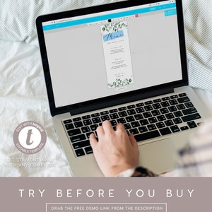 May include: A laptop computer with a screen displaying a menu template with a blue and green watercolor design. The text "Menu" is written in cursive on the template. The text "EDIT WITH templatet EDITABLE TEMPLATE EDIT STRAIGHT AWAY WITH ANY COMPUTER TRY BEFORE YOU BUY GRAB THE FREE DEMO LINK FROM THE DESCRIPTION" is displayed below the laptop.