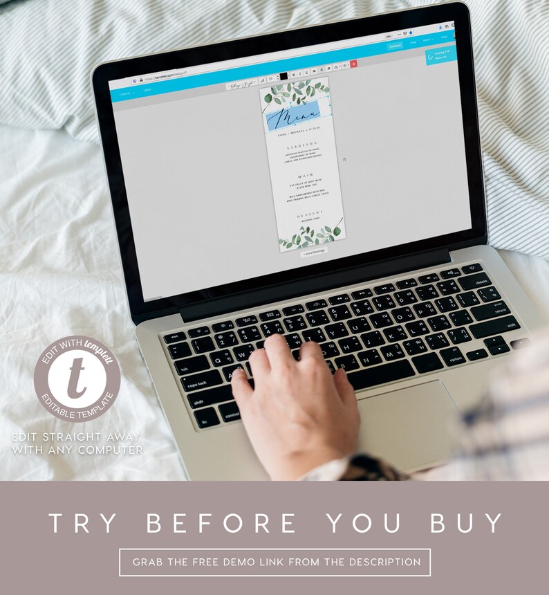 May include: A laptop computer with a screen displaying a menu template with a blue and green watercolor design. The text "Menu" is written in cursive on the template. The text "EDIT WITH templatet EDITABLE TEMPLATE EDIT STRAIGHT AWAY WITH ANY COMPUTER TRY BEFORE YOU BUY GRAB THE FREE DEMO LINK FROM THE DESCRIPTION" is displayed below the laptop.