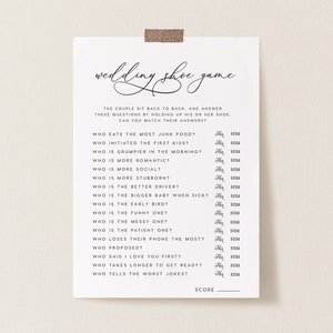 May include: A printable wedding shoe game with questions for the couple to answer by holding up their shoes. The questions include "Who eats the most junk food?" and "Who tells the worst jokes?"