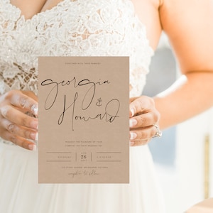 Faire-part de mariage brun Kraft TÉLÉCHARGEMENT INSTANTANÉ Invitation de mariage rustique, calligraphie, Simple, moderne, modèle de Templett modifiable PEO030