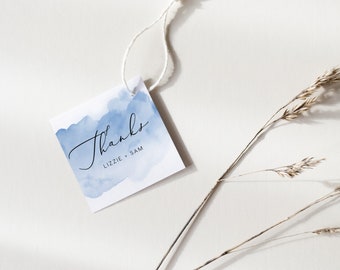 Dusty Blue Danke Tag INSTANT DOWNLOAD Platz Gunst Tag, Gunst, Dank Tag, Templett, printable, Aquarell, einfach - 5x2" PEO016