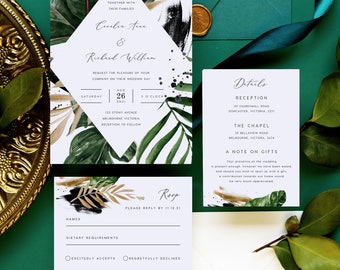 Tropical Wedding Invitation Set INSTANT DOWNLOAD Modern, Greenery, Gold Foil, Basic Wedding Invite, Editable Templett Template PEO043