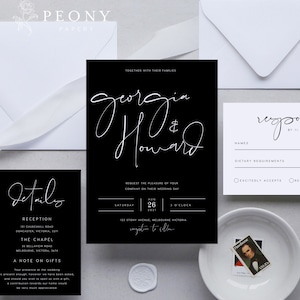 Black Wedding Invitation Set INSTANT DOWNLOAD Rustic, Calligraphy, Simple, Modern Wedding Invite, Editable Templett Template PEO029