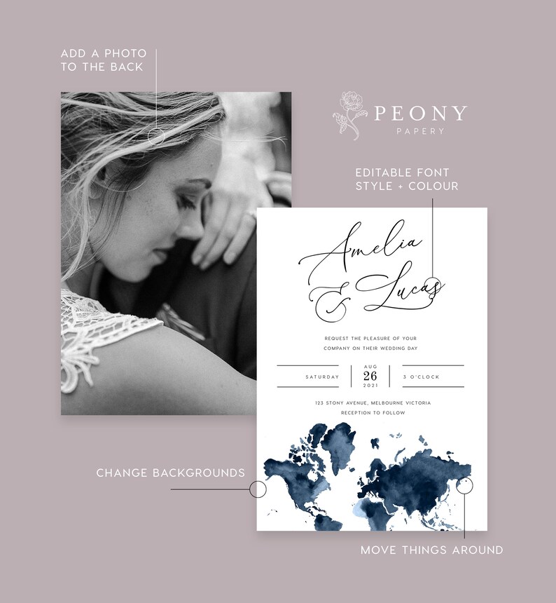 Destination Wedding Invitation INSTANT DOWNLOAD Travel, Navy Blue World Map, Basic Wedding Invite, Editable Templett Template PEO049 image 2