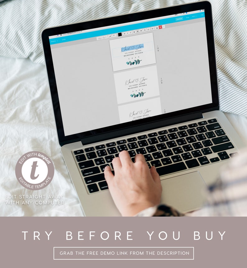May include: A laptop computer with a white background showing a screen with a mockup of a wedding invitation with a blue and green watercolor design. The text on the screen reads "Sue & John". The laptop is on a bed with a blue and white blanket. The text "TRY BEFORE YOU BUY" is displayed below the image. The text "GRAB THE FREE DEMO LINK FROM THE DESCRIPTION" is displayed below the text "TRY BEFORE YOU BUY".