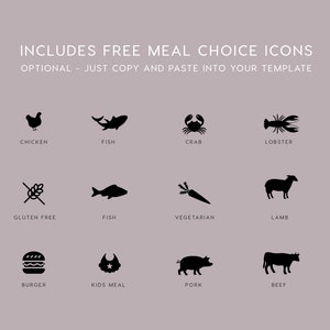 May include: Black and white icons representing different meal choices, including chicken, fish, crab, lobster, gluten-free, vegetarian, lamb, burger, kids meal, pork, and beef.
