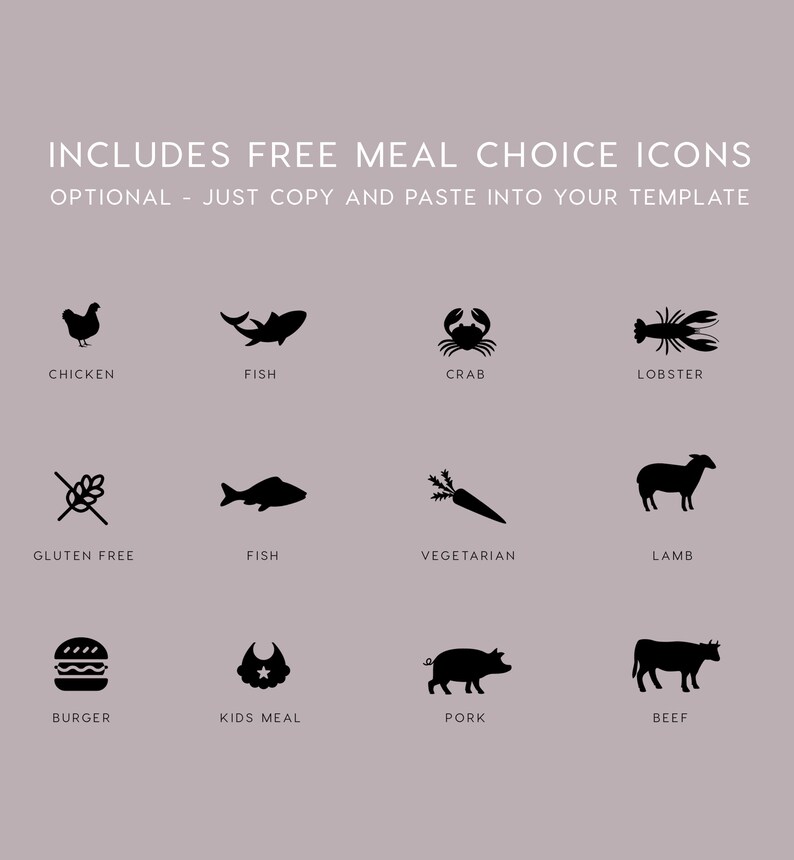 May include: Black and white icons representing different meal choices, including chicken, fish, crab, lobster, gluten-free, vegetarian, lamb, burger, kids meal, pork, and beef.