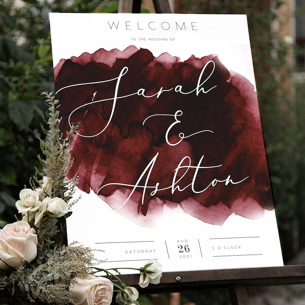 Burgundy welcome Sign INSTANT DOWNLOAD Poster, Portrait, Templett, Printable Wedding or Bridal Shower Sign - 24x36, 18x24, A1, A2 PEO018