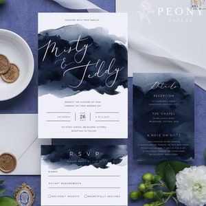 Navy Wedding Invitation Set INSTANT DOWNLOAD Modern Watercolour Invite, Navy Blue, Wedding Invite, Editable Templett Template PEO046