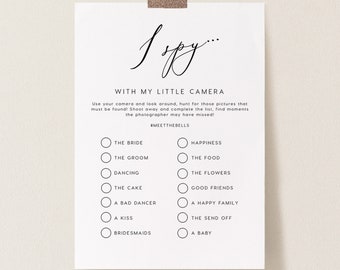 Espío con mi pequeña cámara Plantilla pdf editable, DESCARGA INSTANTE, Favor de boda, Juego de recepción de boda, Signo de hashtag, Mesa para niños- PEO004