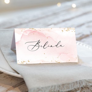 Baby Shower Place Card INSTANT DOWNLOAD Folded Place Card Name Card, Flat Placecard, Escort Card Templett, Blush Pink and Gold PBS001