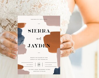 May include: A wedding invitation with the names "Sierra and Jayden" in a modern font. The invitation features abstract brushstrokes in shades of brown, blue, and mauve. The date is August 26, 2021, at 3 o'clock.