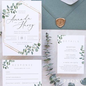 Conjunto de convite de casamento com vegetação DOWNLOAD INSTANTÂNEO Folha de ouro, verde e dourado, folhas, convite de casamento básico, modelo Templett editável PEO005
