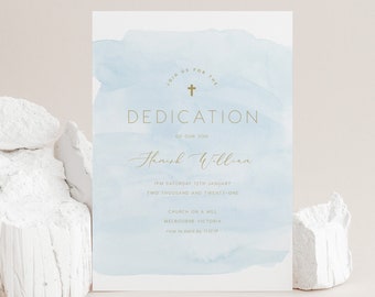 May include: A light blue watercolor invitation with a gold cross and the text "Join us for the Dedication of our son Hamish Willian 1PM Saturday 12th January Two Thousand and Twenty-One Church on a Hill Melbourne Victoria rsvp to kora by 11:12:19"