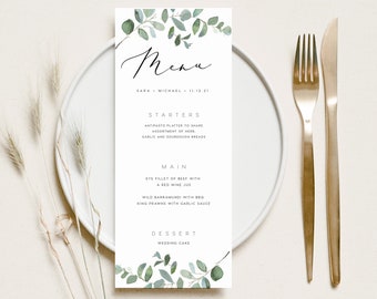 Menu Greenery DOWNLOAD IMMEDIATO Matrimonio cena eucalipto, Menu da tavolo modificabile, Menu stampabile, Modello Templett minimo PEO005