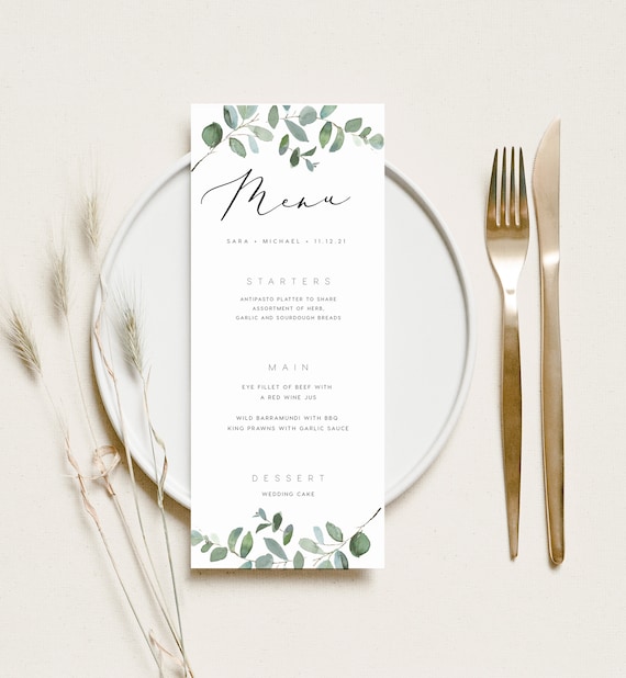 Greenery Menu INSTANT DOWNLOAD Eucalyptus Dinner Wedding, Editable Table Menu, Printable Menu, Minimal Templett Template PEO005