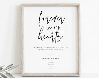 May include: A framed print with the text "forever in our hearts" in black cursive script. Below the text is a message that reads "We know you would be here today, if heaven weren't so far away." The print also includes the text "In loving memory of" followed by a list of names: Grandma, Grandpa, Mum, Auntie Lu.