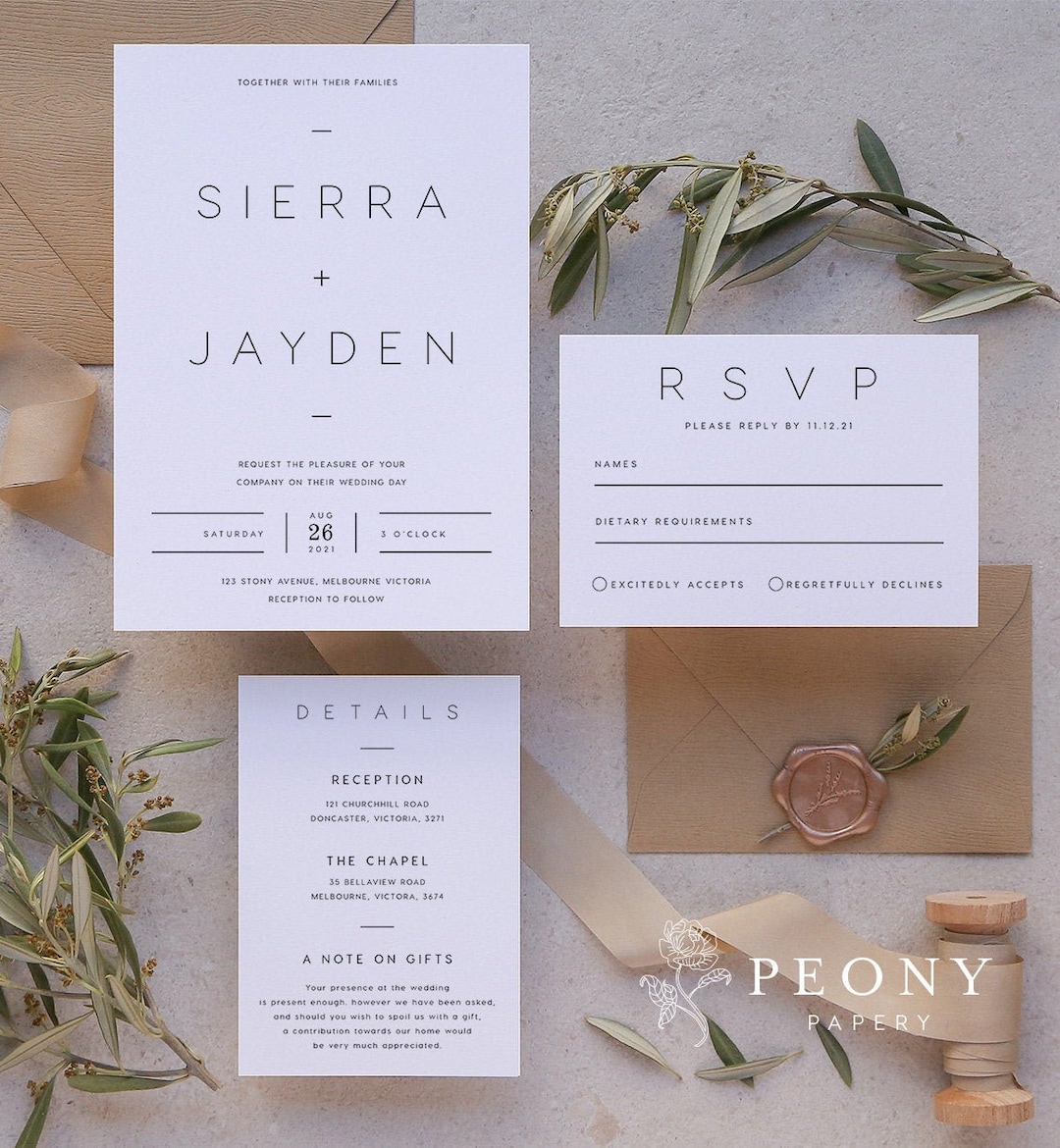 Minimalist Wedding Invitation Set INSTANT DOWNLOAD Minimal, Simple ...