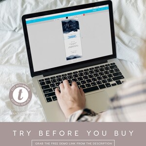 May include: A laptop computer with a screen displaying a menu template with a blue watercolor background. The text "Menu" is written in white script on the template. The laptop is on a white bedspread. The text "EDIT WITH templat EDITABLE TEMPLATE EDIT STRAIGHT AWAY WITH ANY COMPUTER TRY BEFORE YOU BUY GRAB THE FREE DEMO LINK FROM THE DESCRIPTION" is displayed below the laptop.