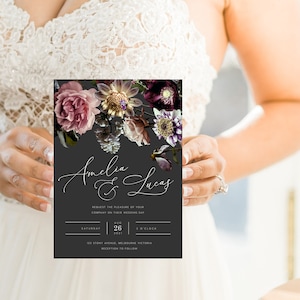 Moody Floral Wedding Invitation INSTANT DOWNLOAD Roses Dusty Pink, Rustic, Floral Wedding Invite, Editable Templett Template PEO025
