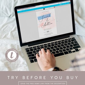 May include: A laptop computer screen displaying a wedding invitation template with a watercolor background and the text "Sarah & Ashton" in blue and black script. The text "Try Before You Buy" is displayed below the laptop with a call to action to "Grab the free demo link from the description".