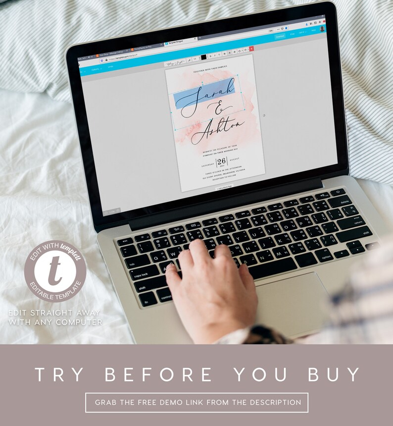 May include: A laptop computer screen displaying a wedding invitation template with a watercolor background and the text "Sarah & Ashton" in blue and black script. The text "Try Before You Buy" is displayed below the laptop with a call to action to "Grab the free demo link from the description".
