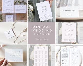 Puede incluir: Un conjunto de papelería de boda minimalista en blanco y gris con un tema floral. El conjunto incluye una tarjeta de guardar la fecha, una tarjeta RSVP, una invitación de boda, una tarjeta de detalles, una tarjeta de agradecimiento, un cartel de bienvenida, un plano de asientos, una tarjeta de la fiesta nupcial y una tarjeta del plan del día. Las tarjetas presentan una tipografía simple y un diseño moderno.