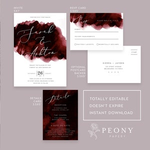 Burgundy Wedding Invitation Set INSTANT DOWNLOAD Modern Watercolour Invite, Deep Red, Wedding Invite, Editable Templett Template PEO018 image 2