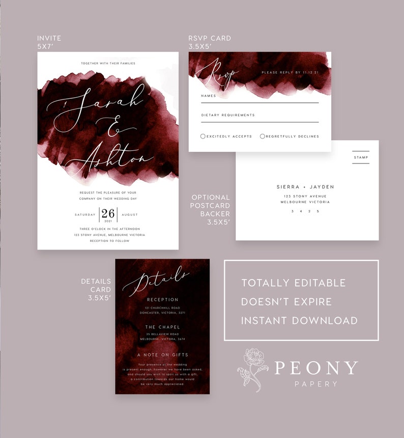 Burgundy Wedding Invitation Set INSTANT DOWNLOAD Modern Watercolour Invite, Deep Red, Wedding Invite, Editable Templett Template PEO018 image 2