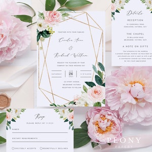 Ensemble de faire-part de mariage pivoine TÉLÉCHARGEMENT INSTANTANÉ Roses roses et blanches fard à joues, pivoines, invitation de mariage floral, modèle Templett modifiable PEO044