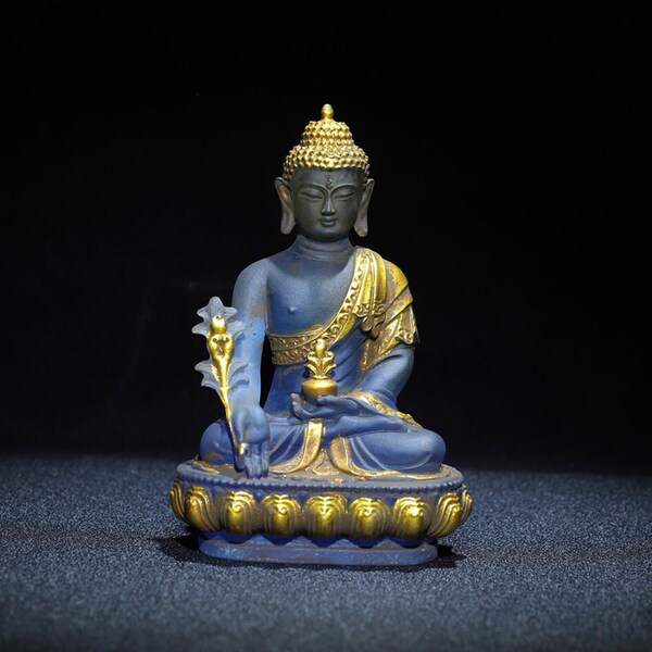 Colored glaze Buddha statues/collectibles Hand-carved Chinese antique colored glaze painted gold medicine Buddha collection—005