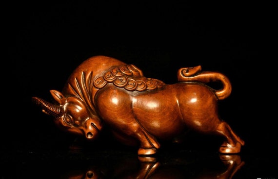 Collection of Chinese antiques pure hand-carved boxwood Ox zodiac ox statue