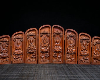 Collection of Chinese antiques pure hand-carved boxwood Buddha niches eight guardian spirits