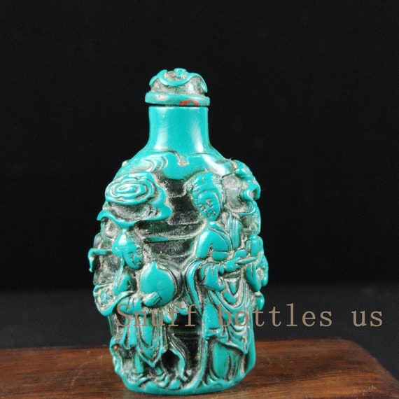 Old Chinese Turquoise Hand Carved Characters Snuff Bottle Old Chinese Turquoise Hand Carved Characters Snuff Bottle