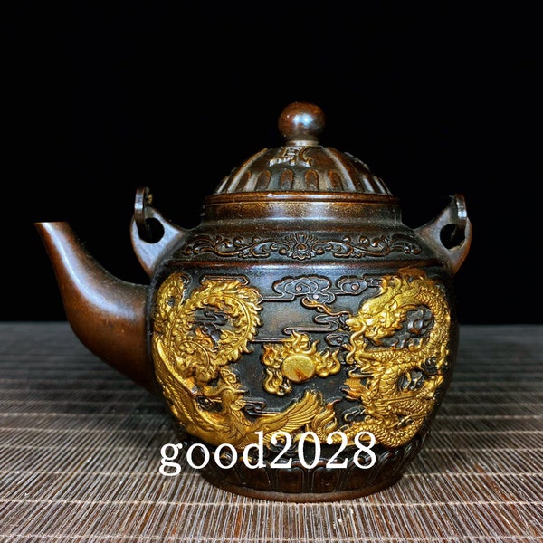 Collectibles pure hand-carved pure copper point gold dragon and phoenix beam pot ornaments.56