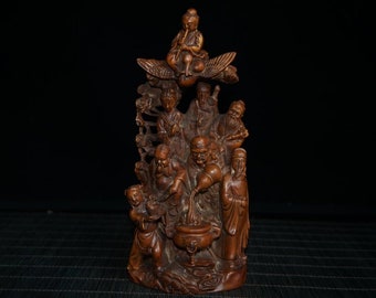 Chinese natural boxwood statue hand-carved exquisite eight immortals crossing chart