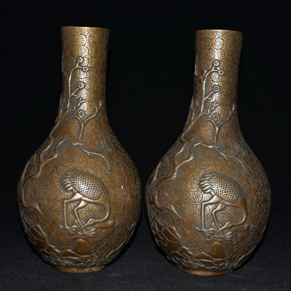 Chinese antique pure copper crane vase ornament