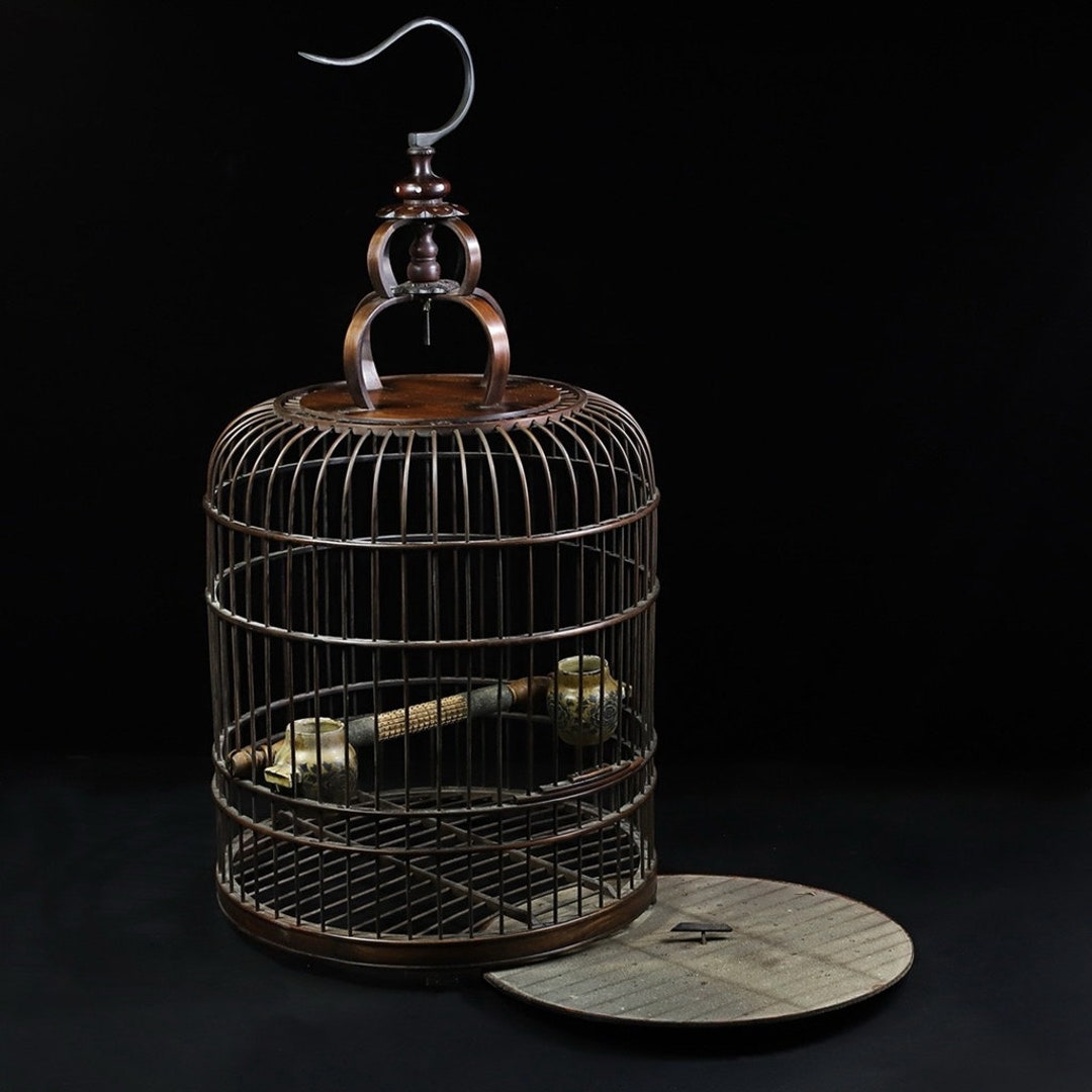 Image showcasing Pear Wood Round Bird Cage With Elongated Pear Wood Inlaid Copper Bird ...