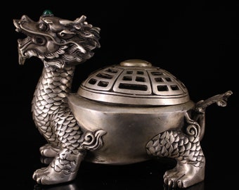 Handicraft old pure copper handmade inlaid gem dragon turtle gossip incense burner ornaments.3