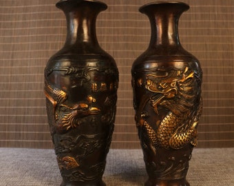 Chinese antique pure copper dragon and phoenix vase