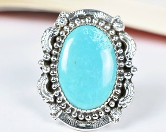 Large Turquoise 925 Silver Ring, Handmade Bohemian Jewelry, Oval Cabochon Gemstone Ring, Adjustable Ring for Her