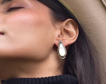 Handmade Mother of Pearl & Sterling Silver Post Stud Earrings, One of a Kind Studs for Women