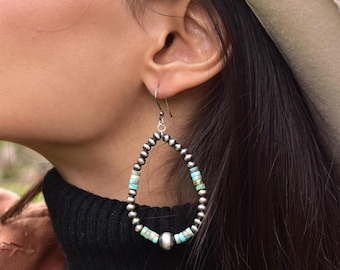 Handmade 4MM Sterling Silver Pearls & Turquoise Dangle Hoop Earrings