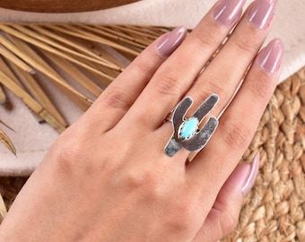 Handgemachte Turquoise & Sterling Silber Verstellbare Ring, Statement Ring für Frauen